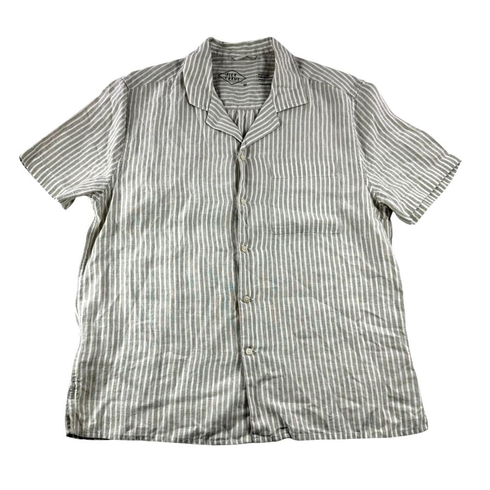 Alex Crane Linen Camp Shirt Mens M Striped Button Up Short Sleeve Salt Lines